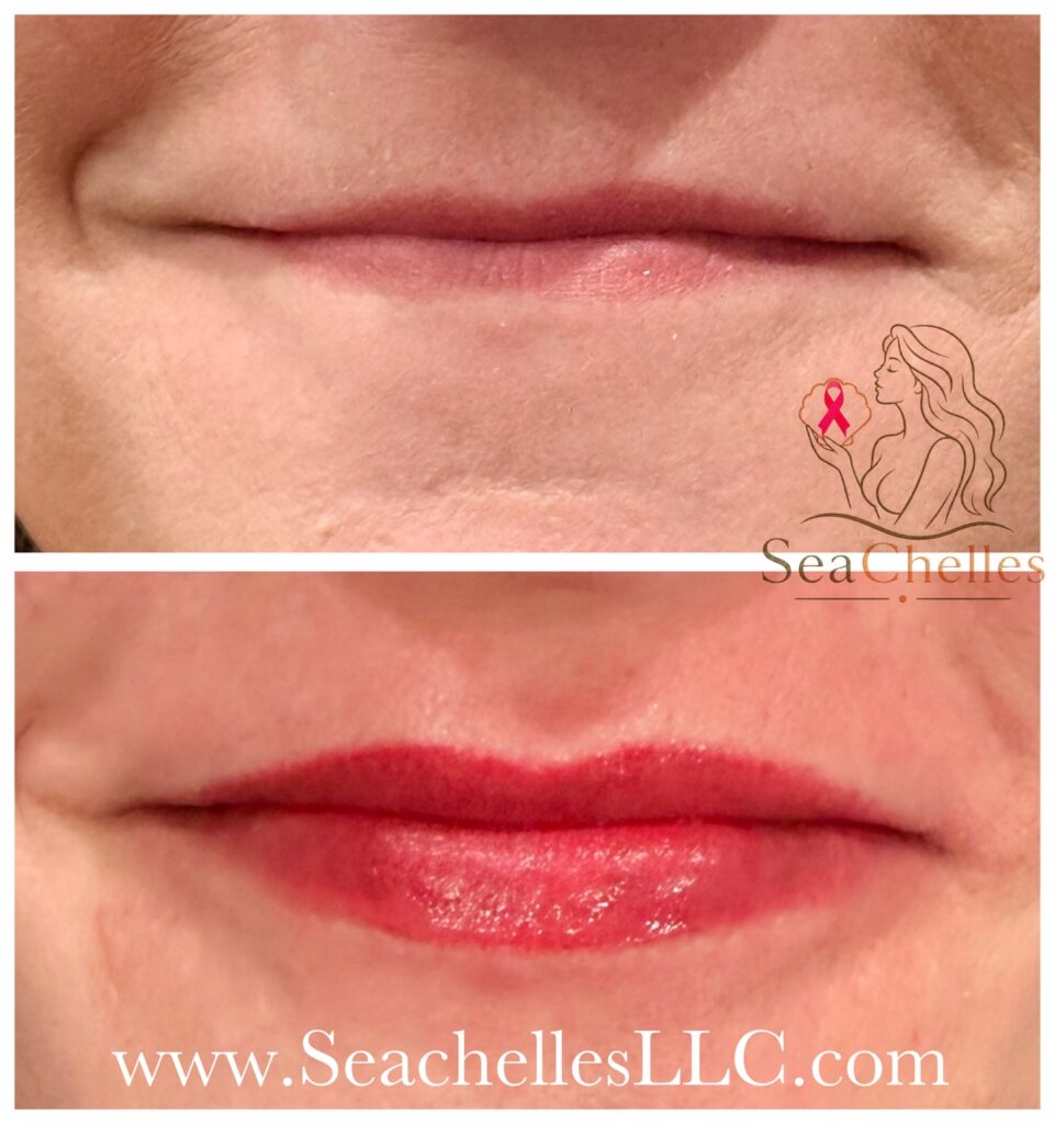 SeaChelle’s lip tattooing comparison showing lips before treatment and with enhanced color