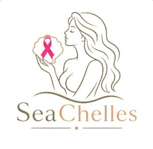 SeaChelles logo with gold woman illustration and pink breast cancer awareness ribbon